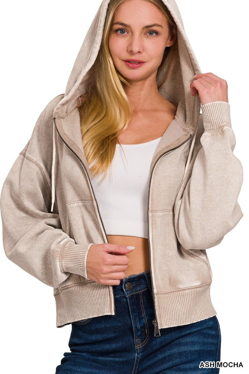 Acid Wash Fleece Cropped Zip-up Hoodie W Pockets
