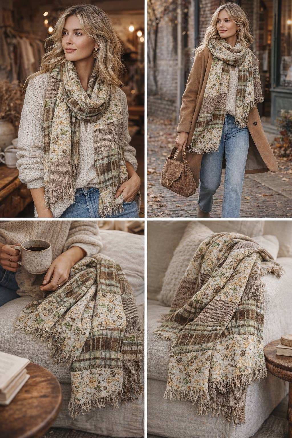 JC022516 Vintage Patchwork Floral & Plaid Scarf Shawl – Soft Lightweight Boho Wrap Cashmere-Blend Scarf: Brown