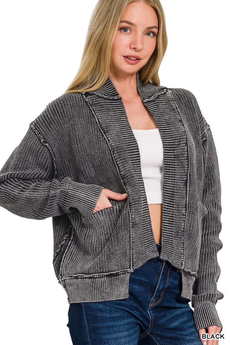 Washed Dropped Shoulder Cardigan W Side Pockets