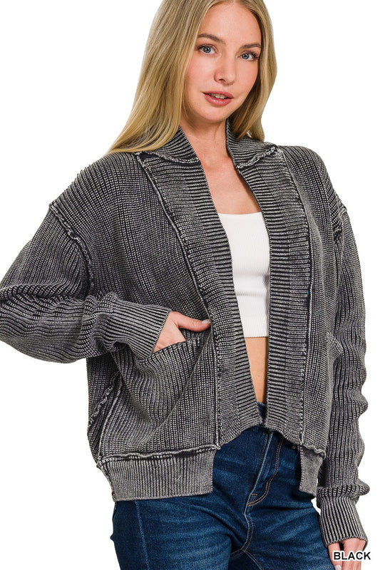 Washed Dropped Shoulder Cardigan W Side Pockets