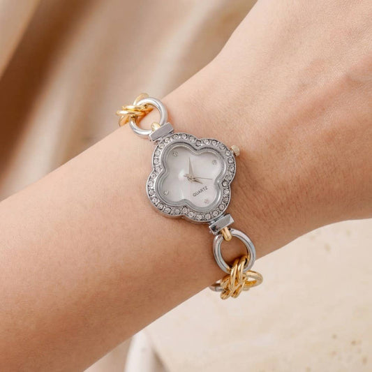 Cz Clover Two Tone Toggle Chain Bracelet: GOLDSILVER