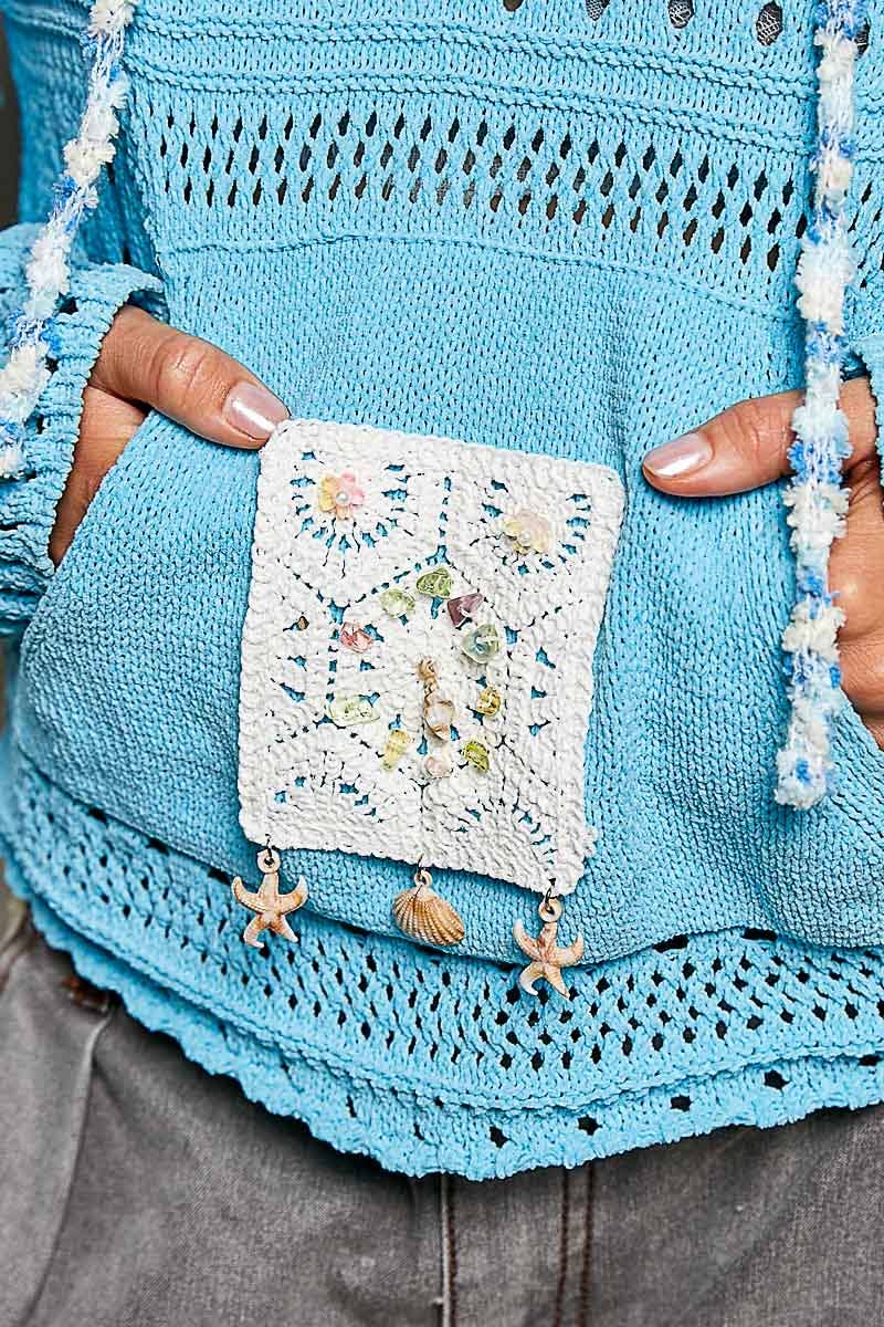 Chenille Crochet Lightweight Pullover Hoodie Sweater: NATURAL / M