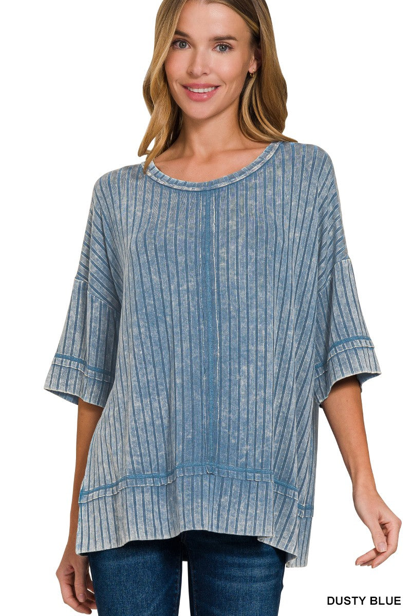 Ribbed Drop Shoulder Half Sleeve Boat-neck Top