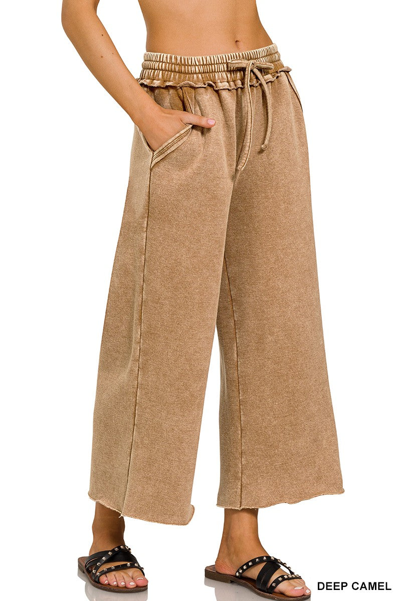 Acid Wash Fleece Palazzo Sweatpants With Pockets