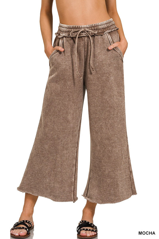Acid Wash Fleece Palazzo Sweatpants With Pockets