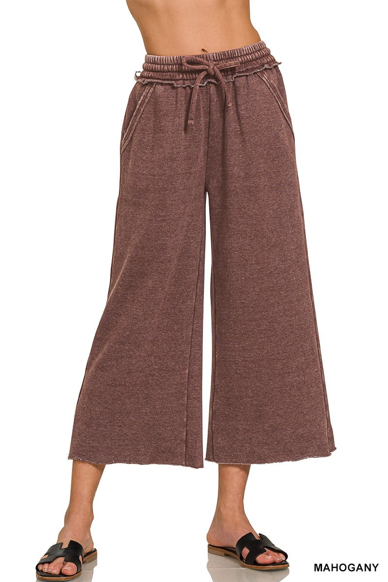 Cropped Acid Wash Fleece Palazzo Sweatpants With Pockets