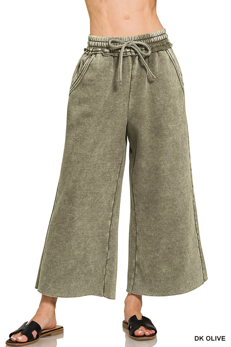 Acid Wash Fleece Palazzo Sweatpants With Pockets