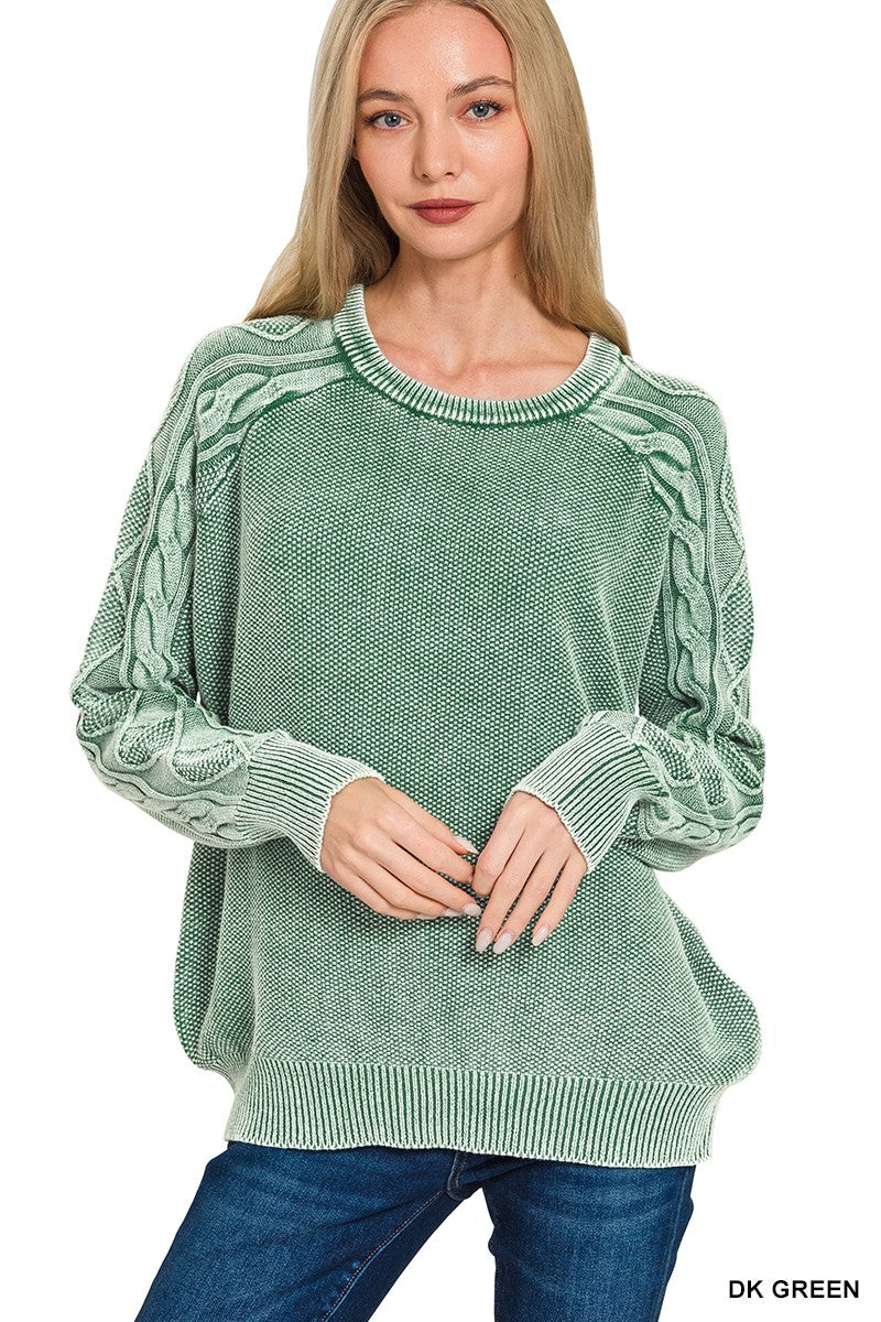 Stone Washed Cable-sleeve Crewneck Sweater