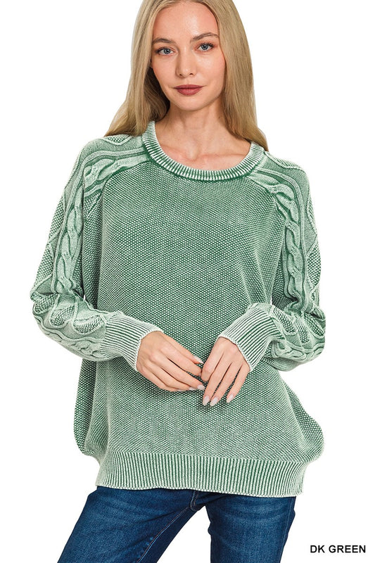 Stone Washed Cable-sleeve Crewneck Sweater