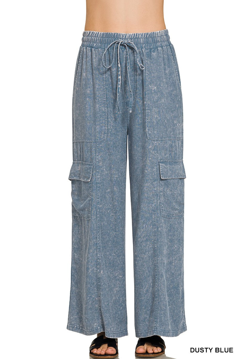 Washed Linen Elastic Band Waist Cargo Pants