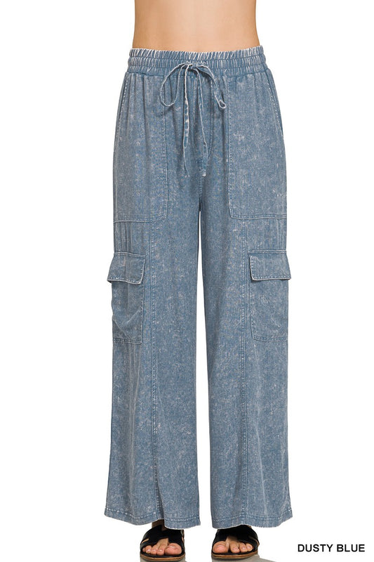 Washed Linen Elastic Band Waist Cargo Pants