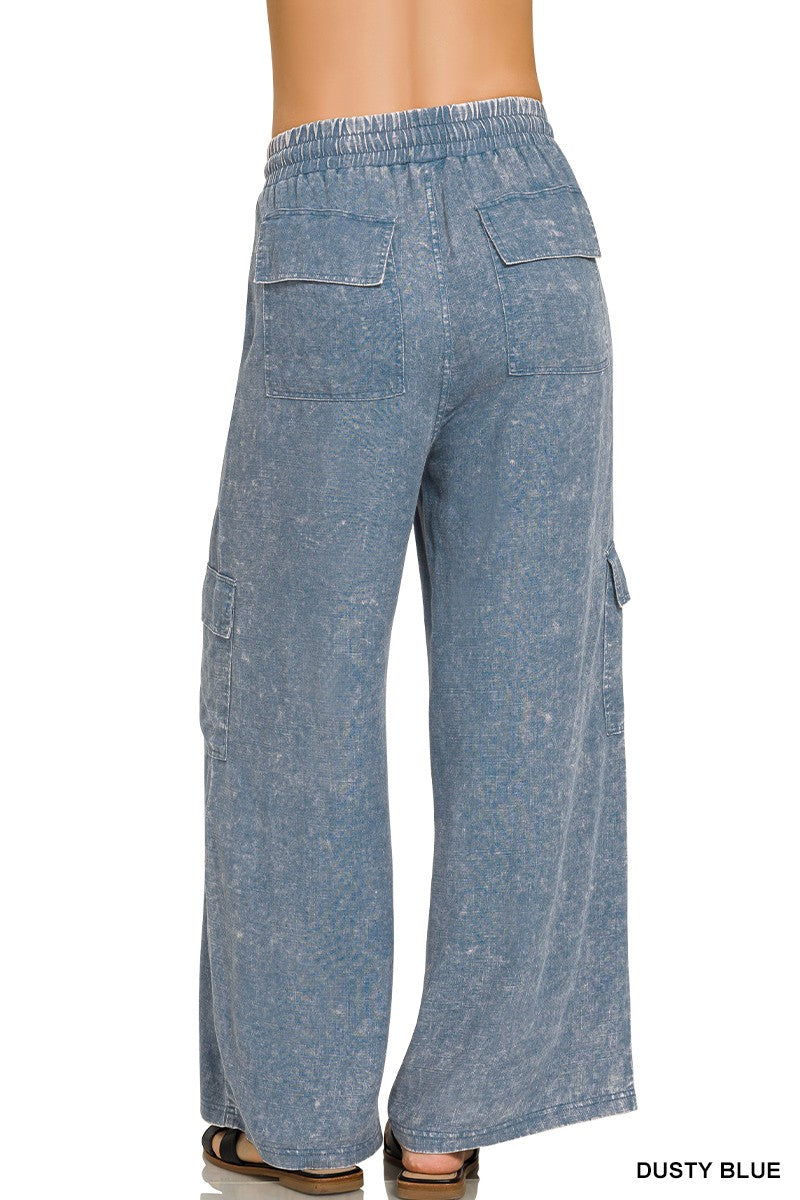 Washed Linen Elastic Band Waist Cargo Pants