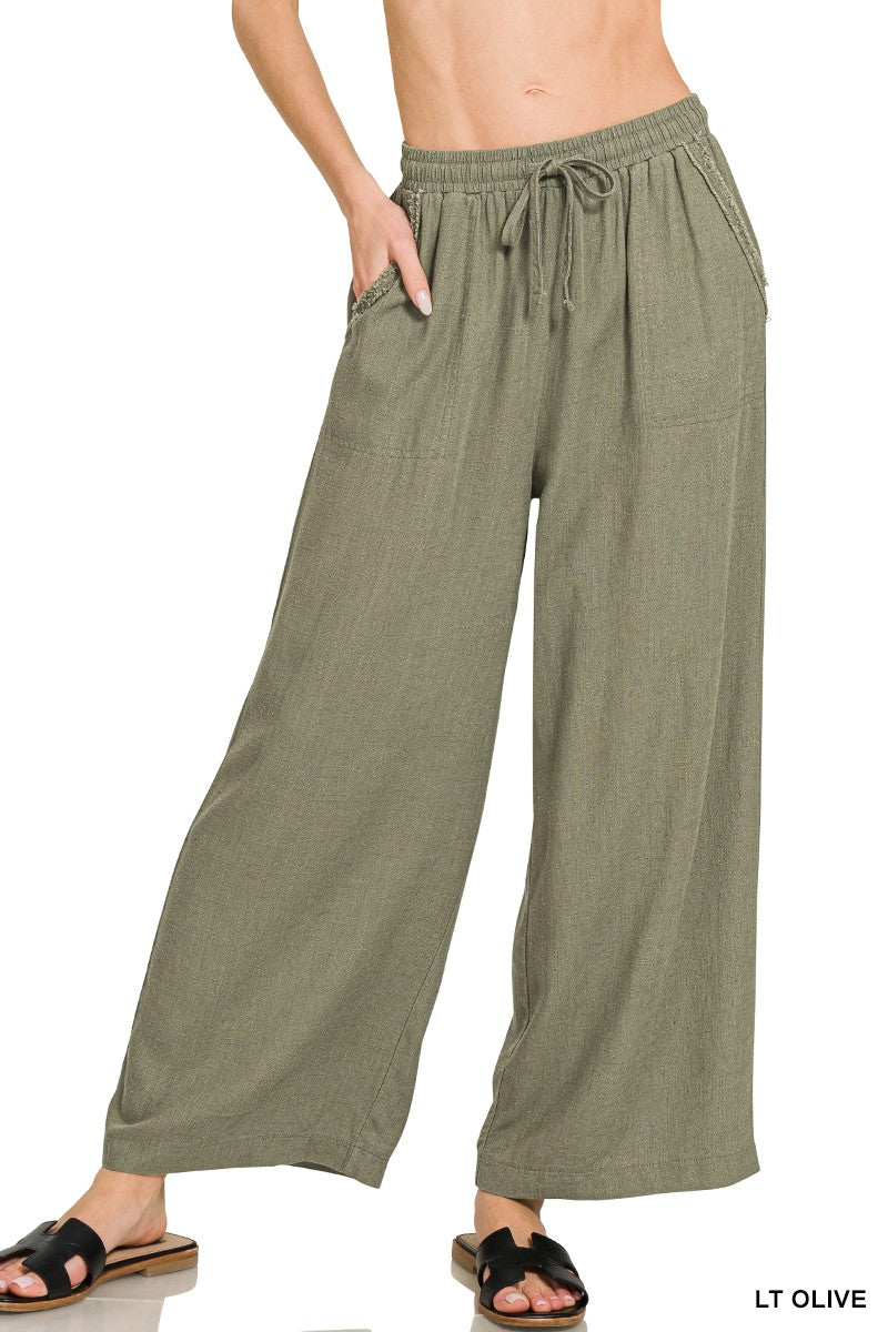 Wide-leg Linen Blend Pants With Pockets