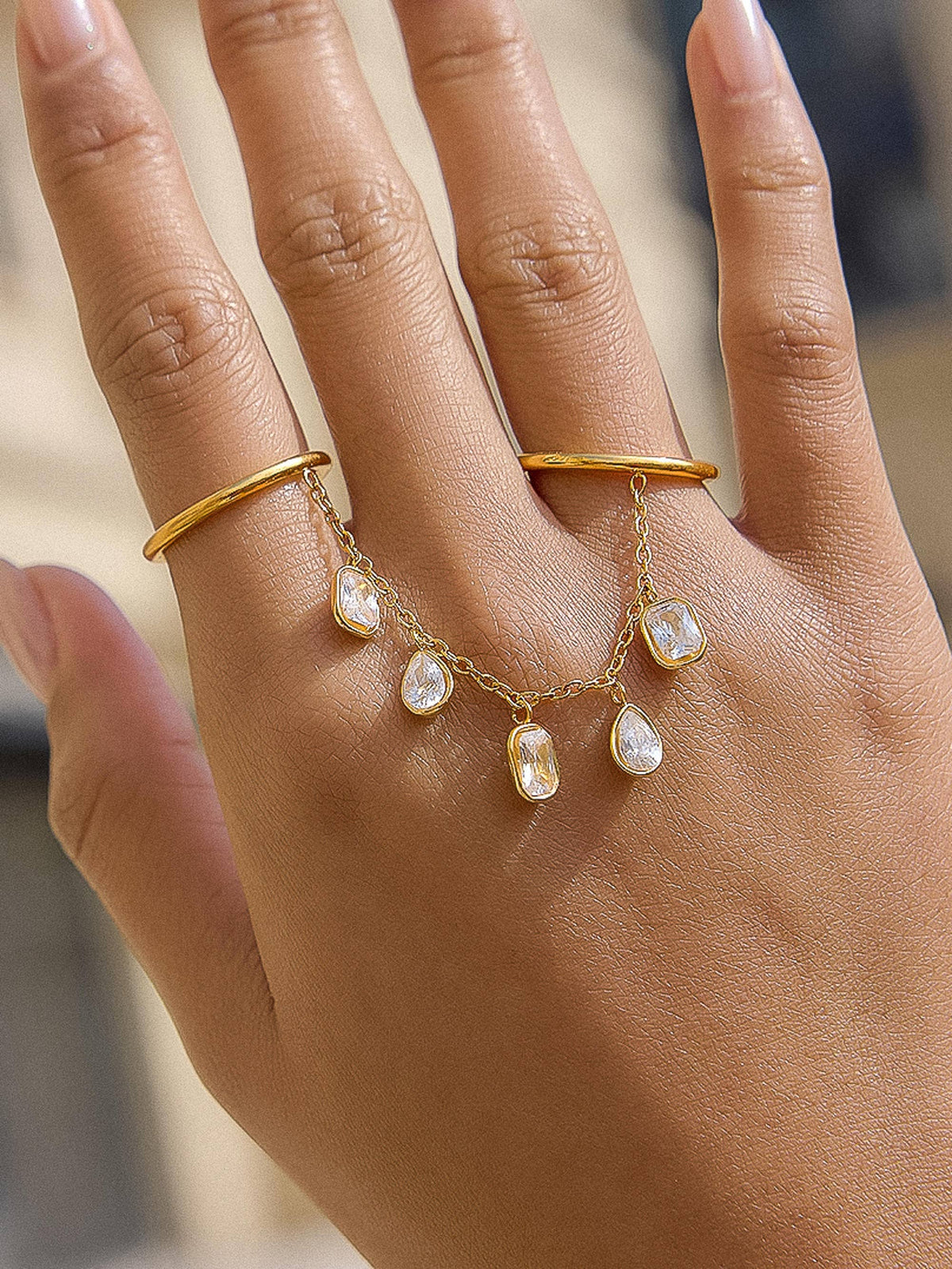 Cosette 18K Gold Non-Tarnish CZ Dangle Circle Drop Ring: Yellow Gold