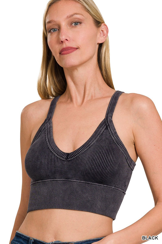 Stone Washed V Neck Seamless Cropped Bra Top