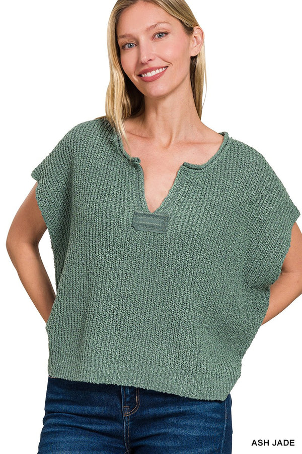 Back Patch Rolled Split-neck Side Slit Pullover