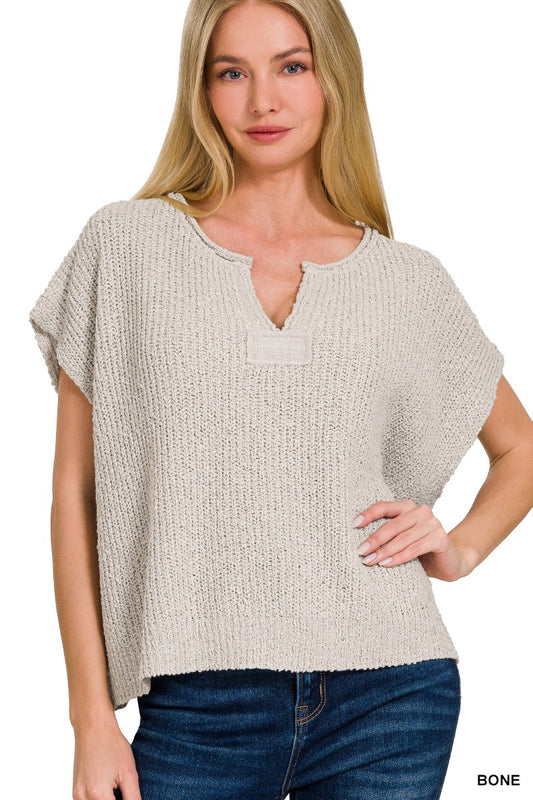 Back Patch Rolled Split-neck Side Slit Pullover