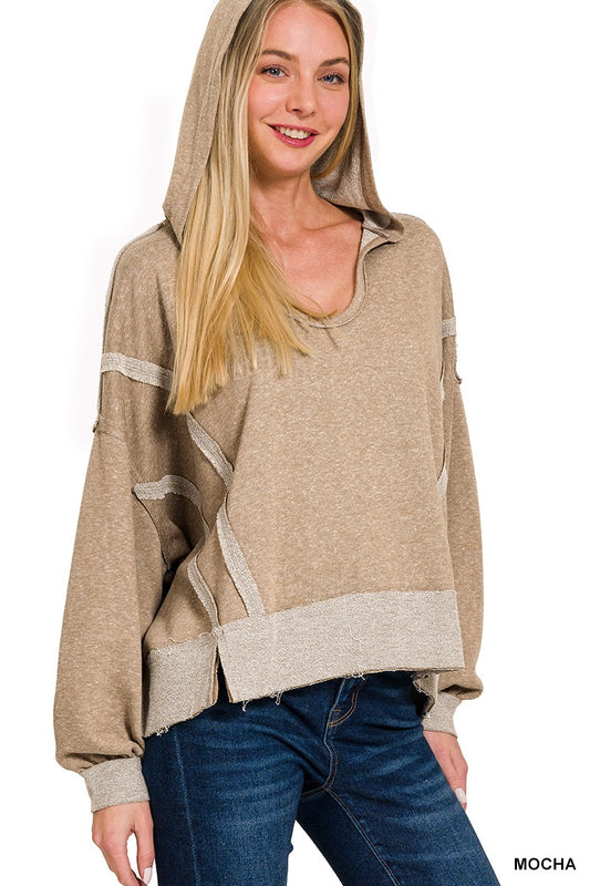 Contrast Trim Top-stitching Slit Raw Hem Hoodie