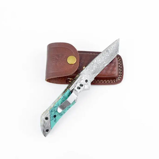 Azureglide Tanto Series Damascus Steel Turquoise (Resin)