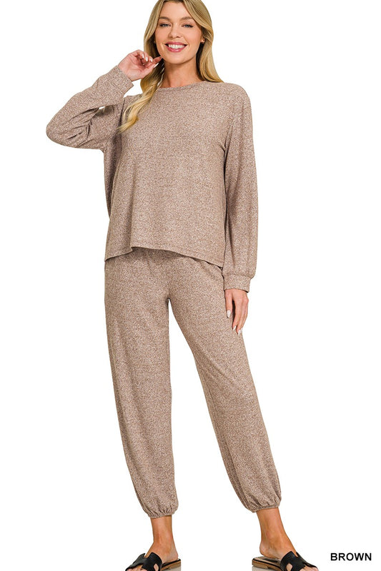 Soft Melange Hacci Long Slv Top & Joggers Set