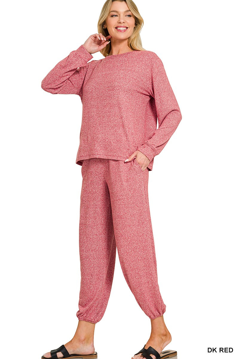 Soft Melange Hacci Long Slv Top & Joggers Set