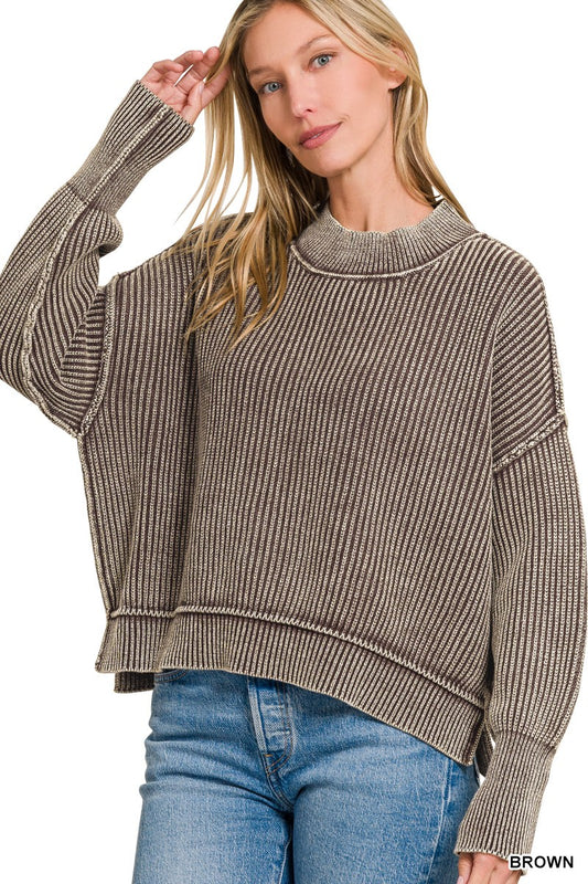 Washed Side Slit Oversized Cropped Sweater