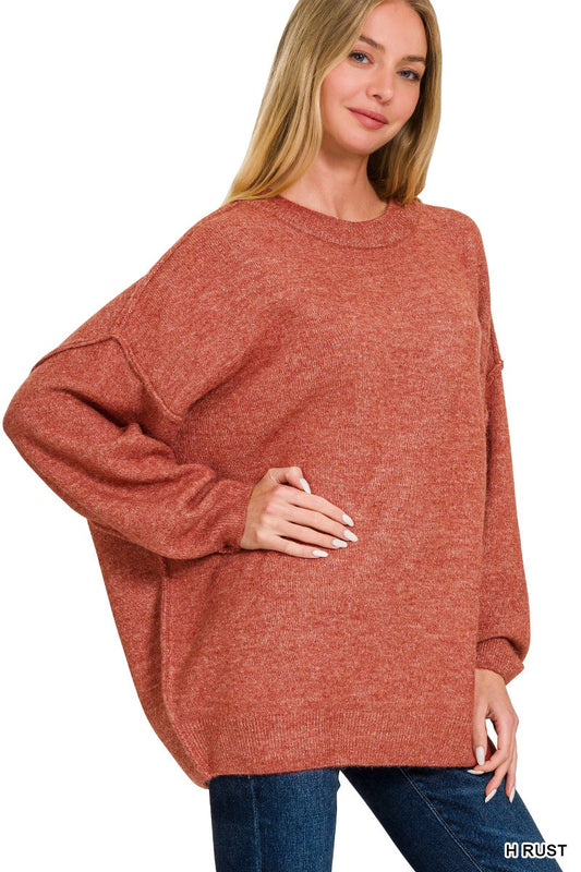 Oversized Round Neck Raw Seam Melange Sweater