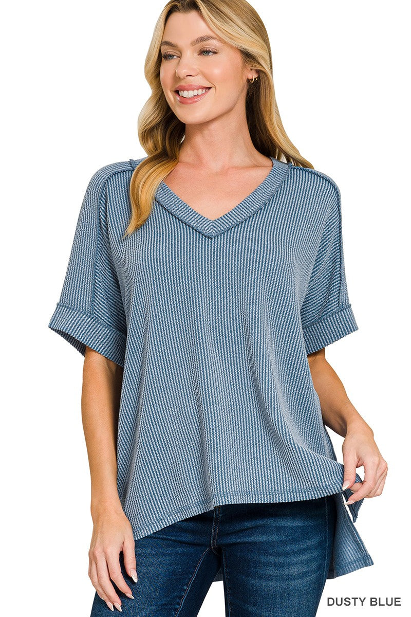 Raised Rib Short Sleeve Hi-low V Neck Top