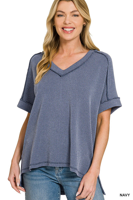 Raised Rib Short Sleeve Hi-low V Neck Top