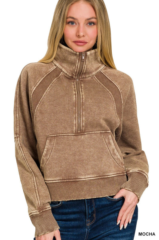 Acid Washed Half Zip Fleece Pullover Kangaroo Pck