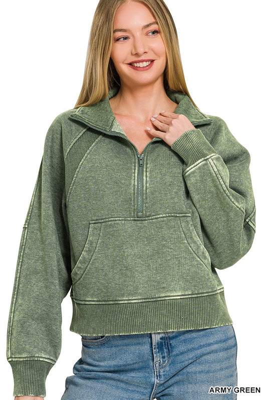 Acid Washed Half Zip Fleece Pullover Kangaroo Pck