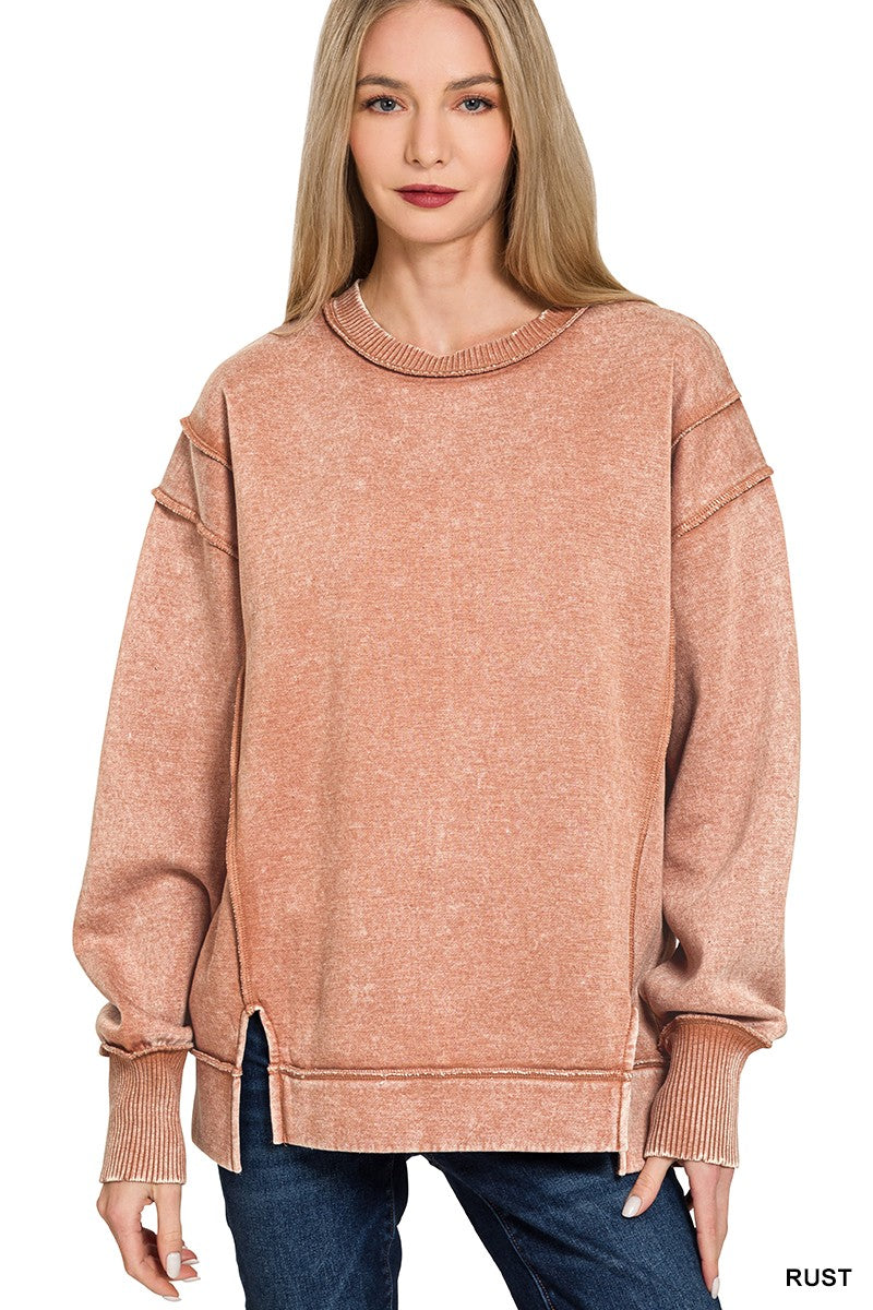 Acid Wash Exposed-seam Fleece Sweatshirt