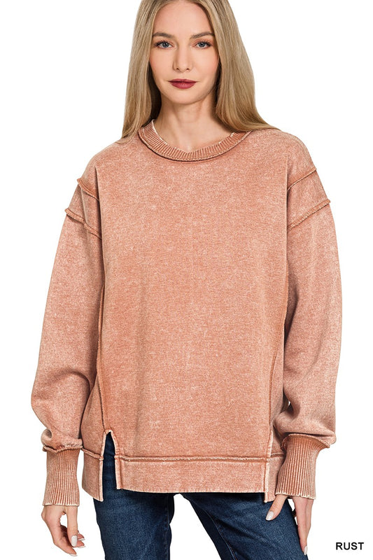 Acid Wash Exposed-seam Fleece Sweatshirt