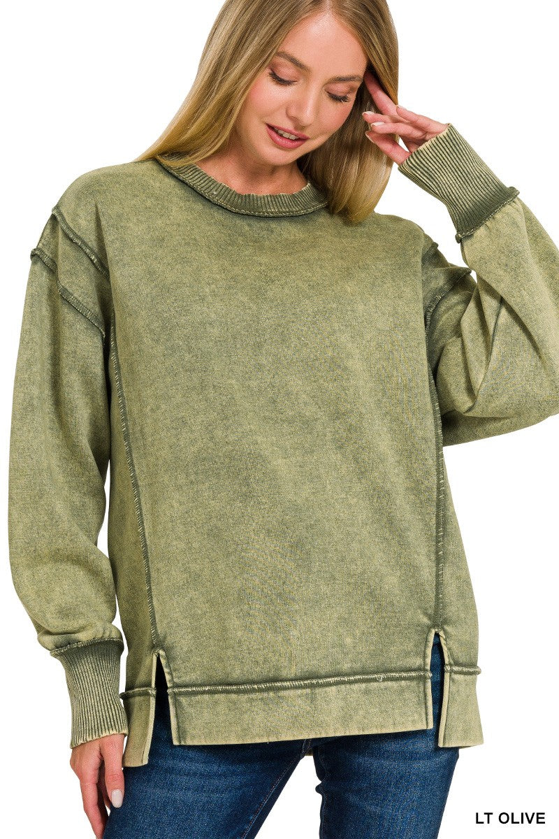 Acid Wash Exposed-seam Fleece Sweatshirt