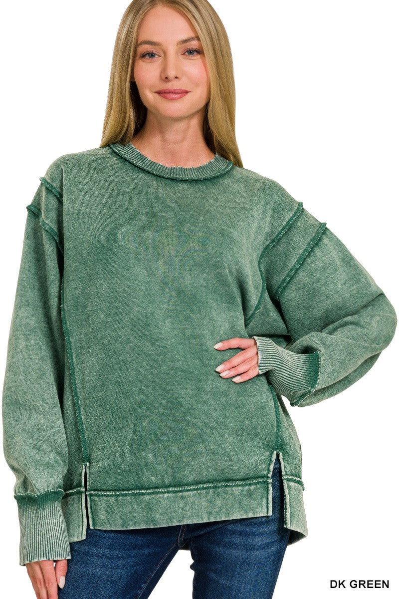 Acid Wash Exposed-seam Fleece Sweatshirt