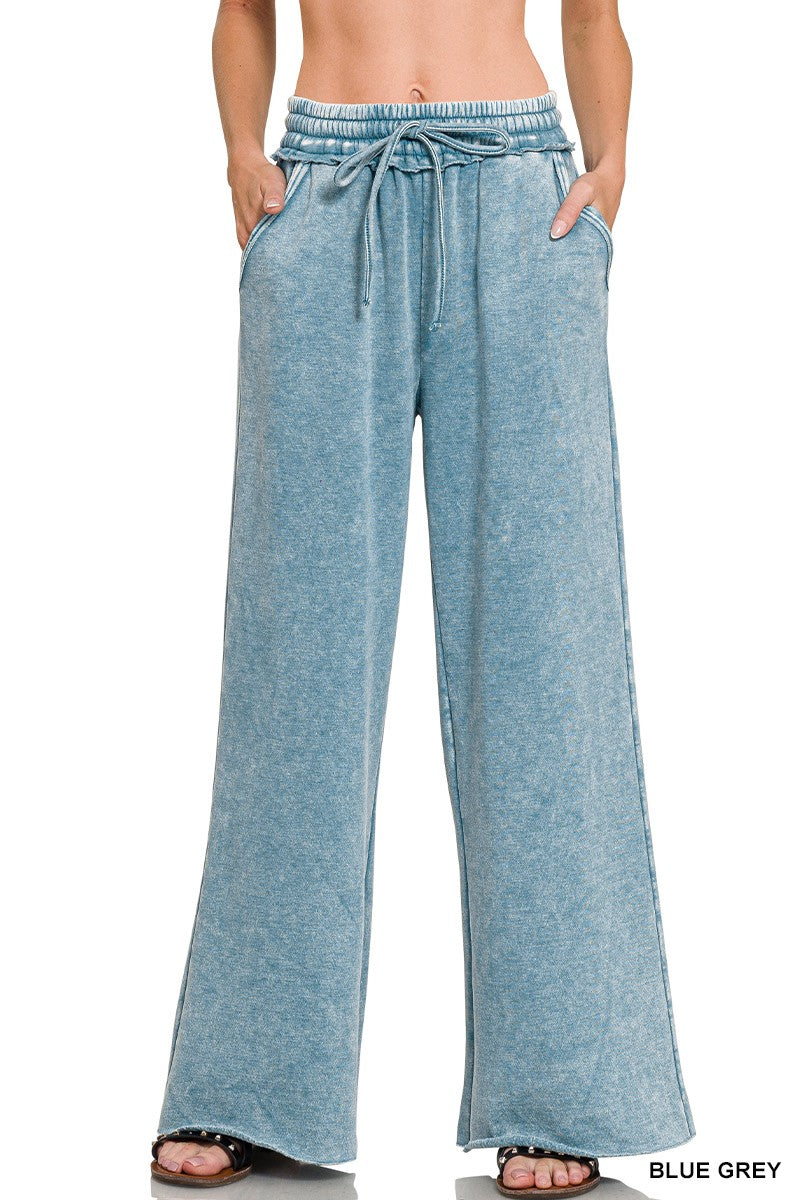 Acid Wash Fleece Palazzo Sweatpants With Pockets