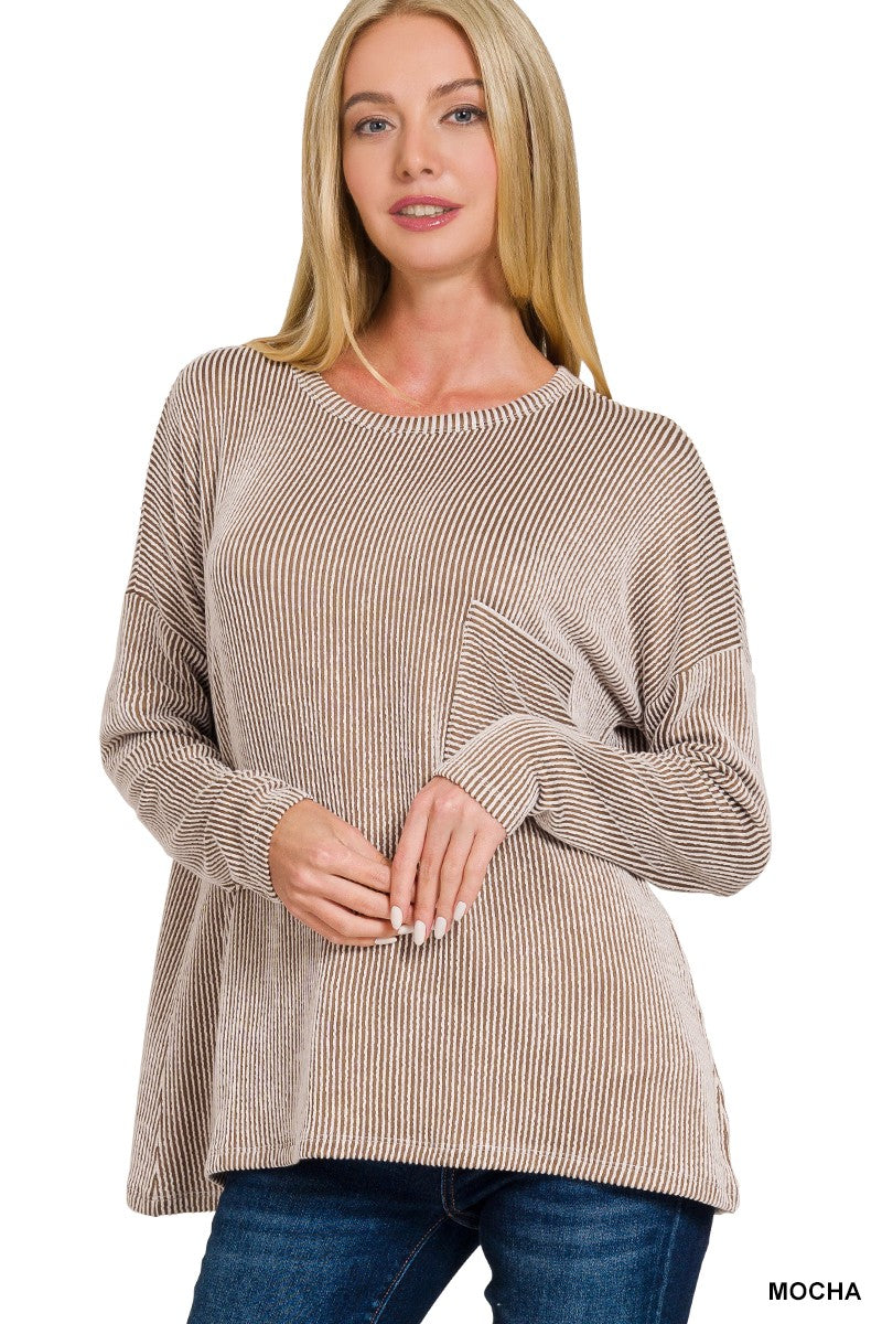 Ribbed Striped Oversized Long Sleeve Top