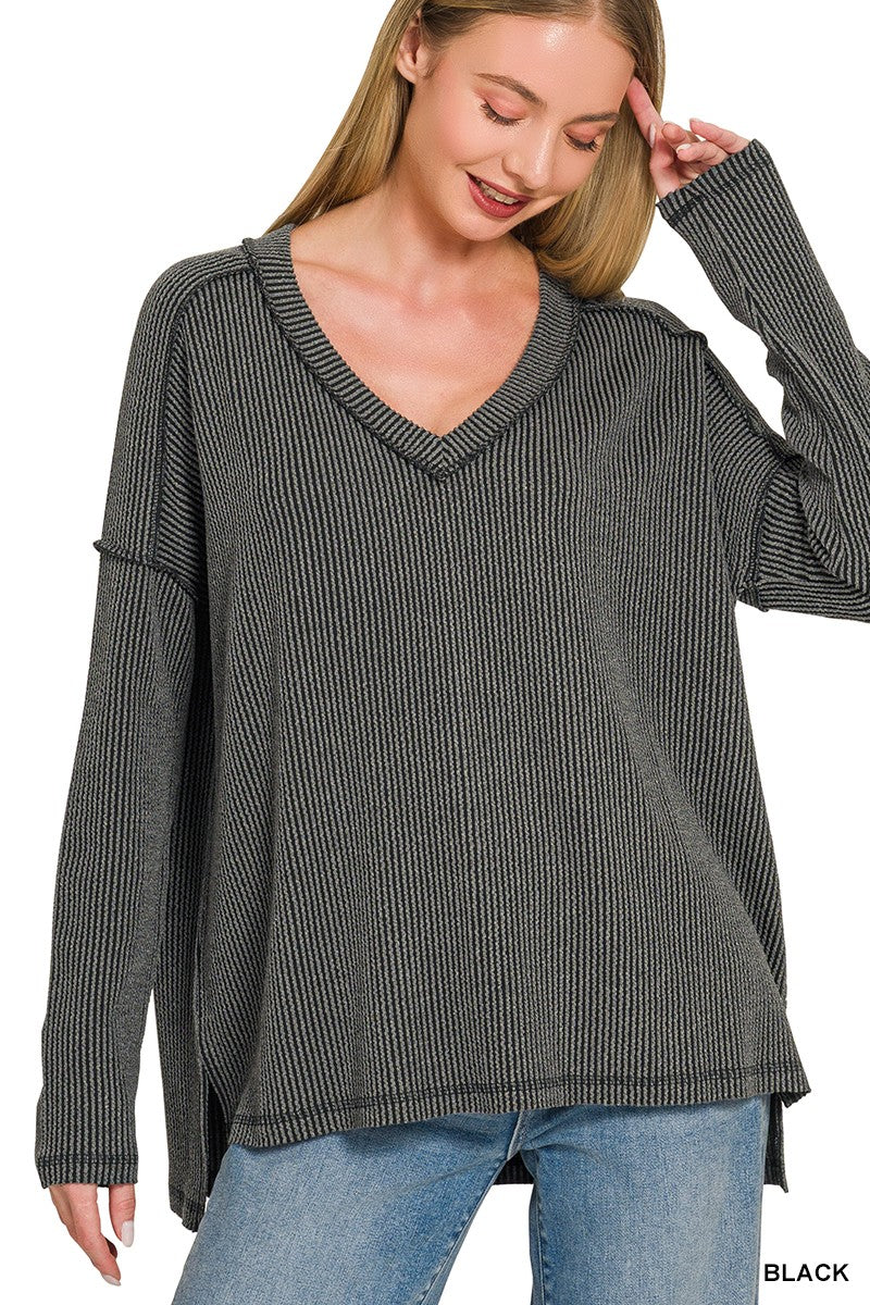 Raised Rib Long Sleeve Hi-low V Neck Top