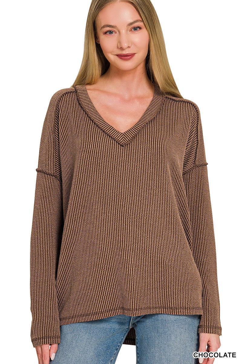 Raised Rib Long Sleeve Hi-low V Neck Top