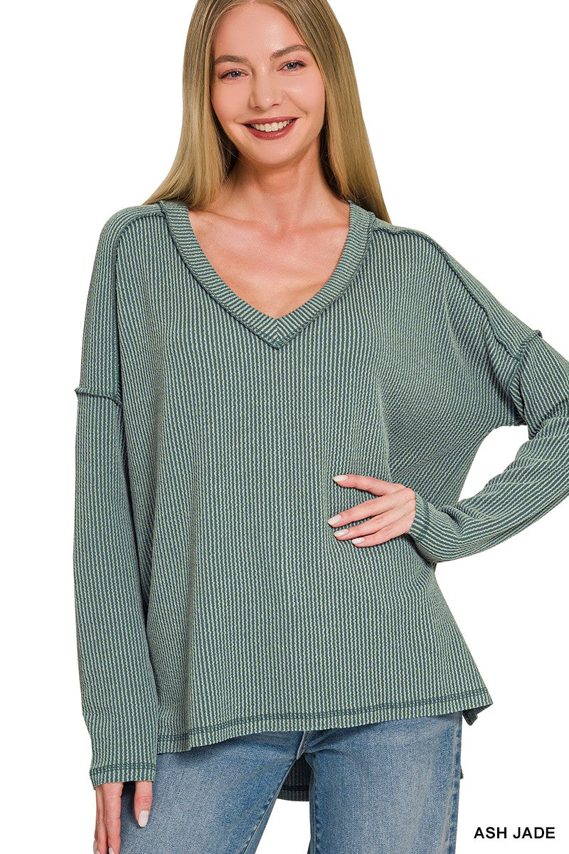 Raised Rib Long Sleeve Hi-low V Neck Top