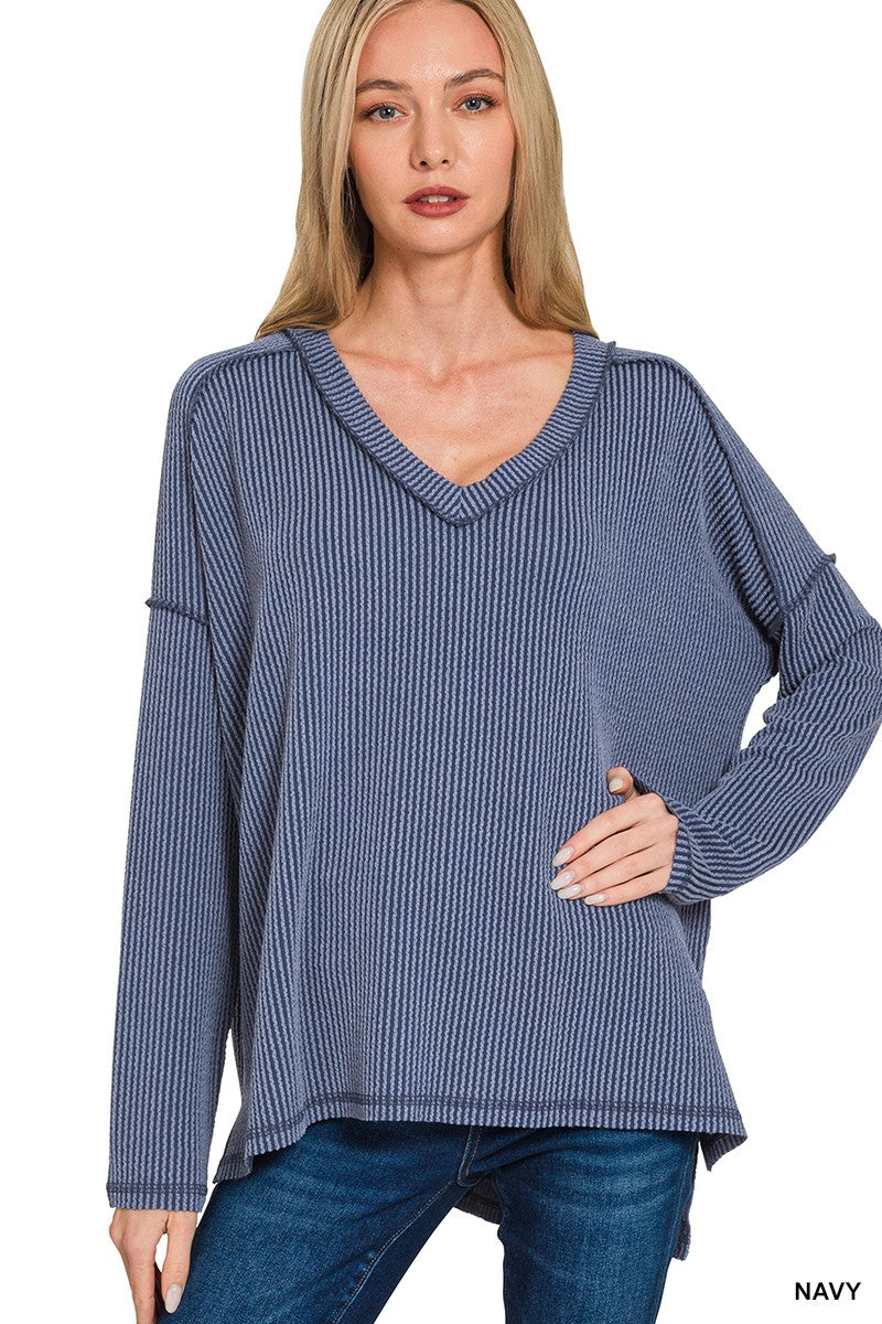Raised Rib Long Sleeve Hi-low V Neck Top