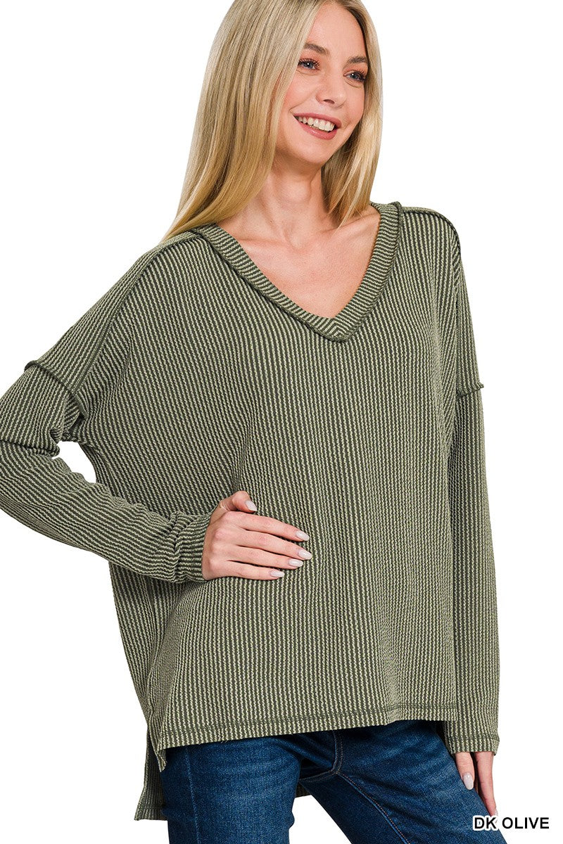 Raised Rib Long Sleeve Hi-low V Neck Top