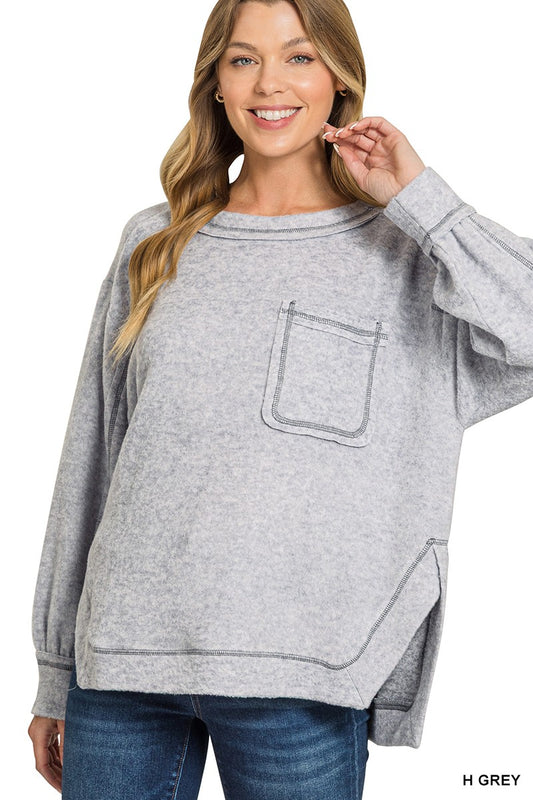 Brushed Hacci Hi-low Round Neck Sweater