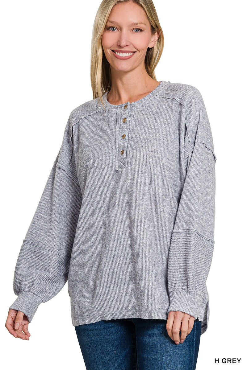 Ribbed Brushed Hacci Melange Henley Sweater