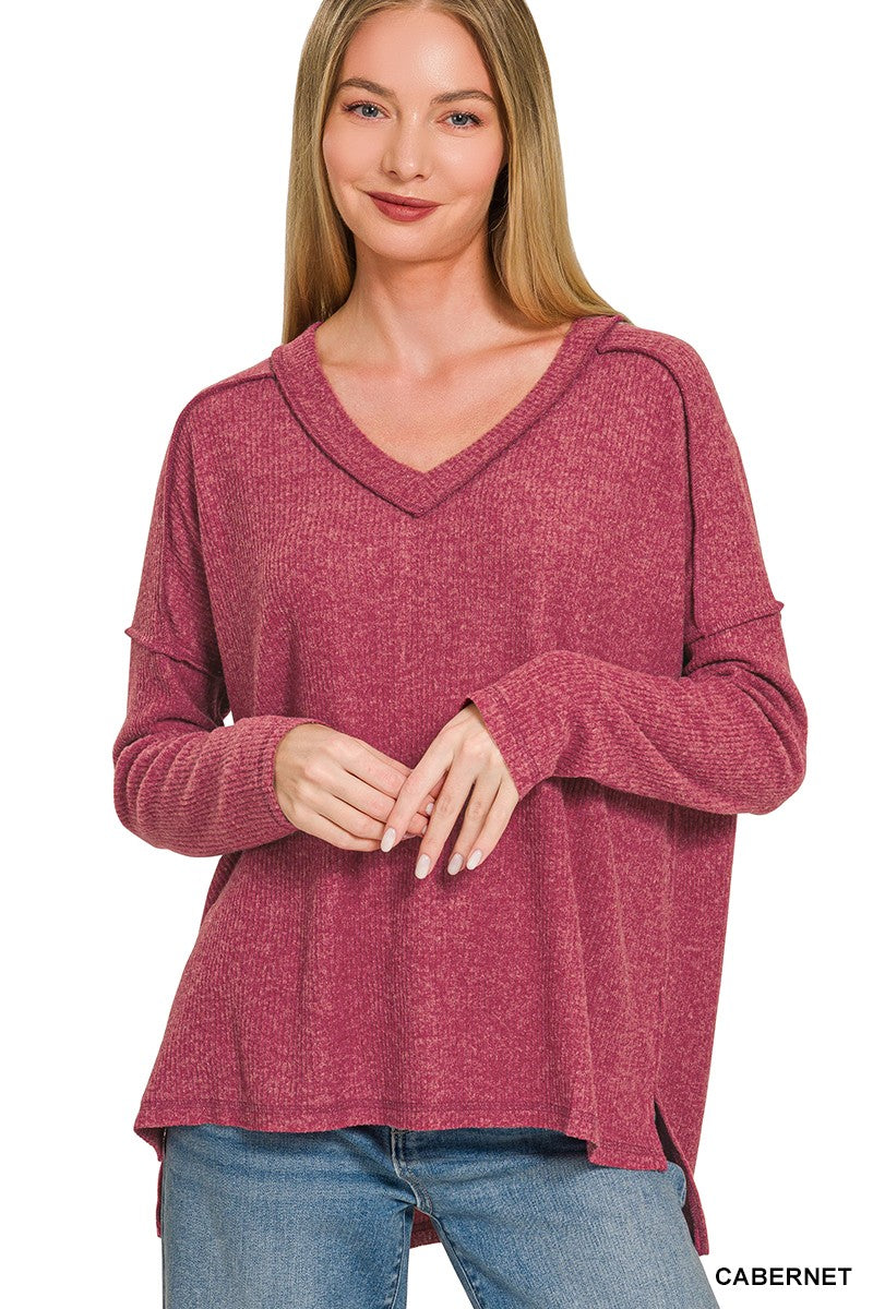Brushed Ribbed Hacci Drop Shoulder V-neck Sweater