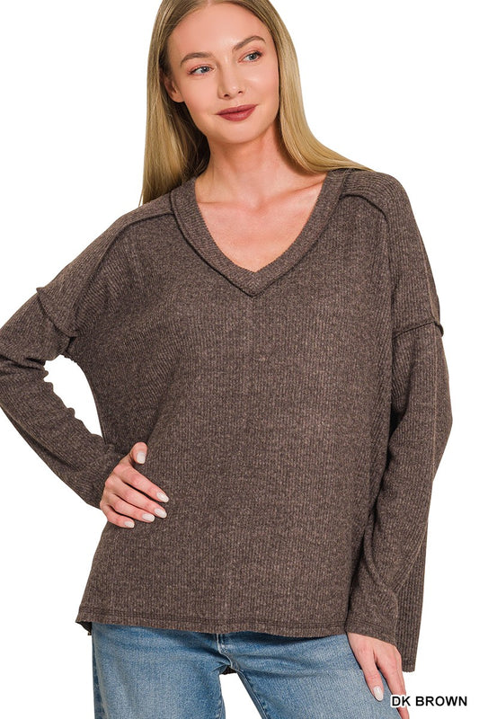Brushed Ribbed Hacci Drop Shoulder V-neck Sweater