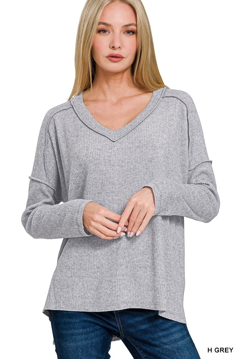 Brushed Ribbed Hacci Drop Shoulder V-neck Sweater