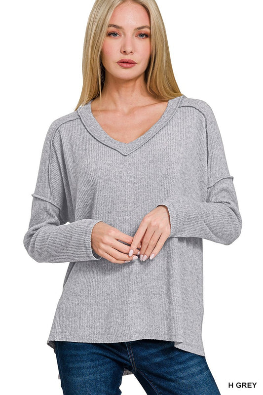 Brushed Ribbed Hacci Drop Shoulder V-neck Sweater