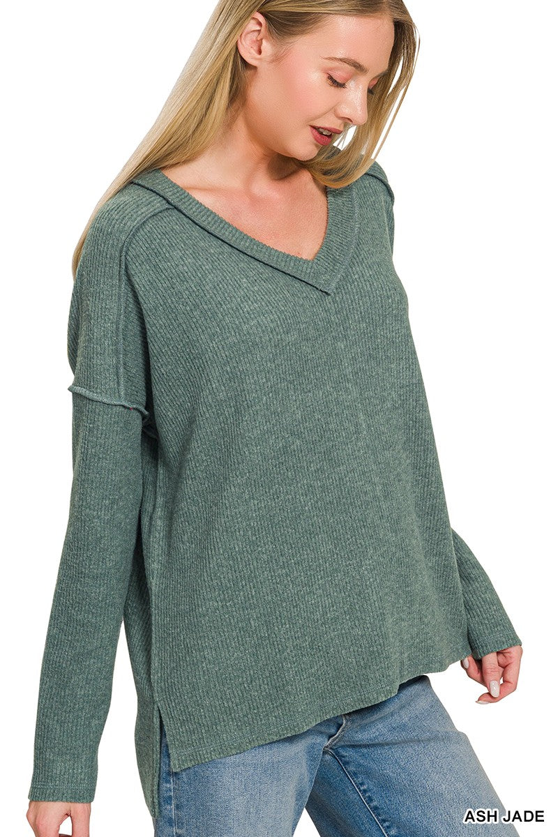 Brushed Ribbed Hacci Drop Shoulder V-neck Sweater