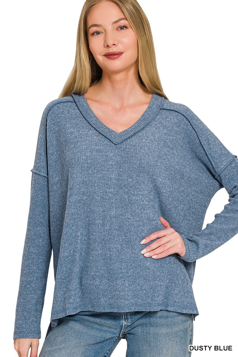 Brushed Ribbed Hacci Drop Shoulder V-neck Sweater